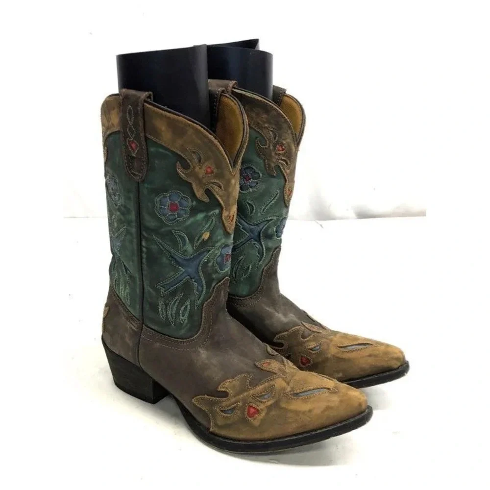 Dan Post Liberty Bird Brown Green Distressed Embroiderd Western Cowboy Boot 5.5Y